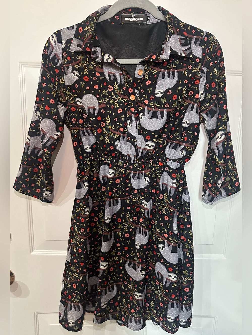Paper Plane London Black Floral Sloth Print Shirt Dress Button Front Size S